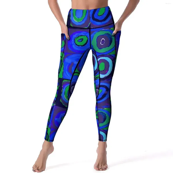 Damen-Leggings, Retro-Quadrat-Druck, blaue Kreise, Laufen, Yoga-Hose, Push-Up, modische Leggins, schnell trocknendes Muster, Sportstrumpfhose, XL, XXL