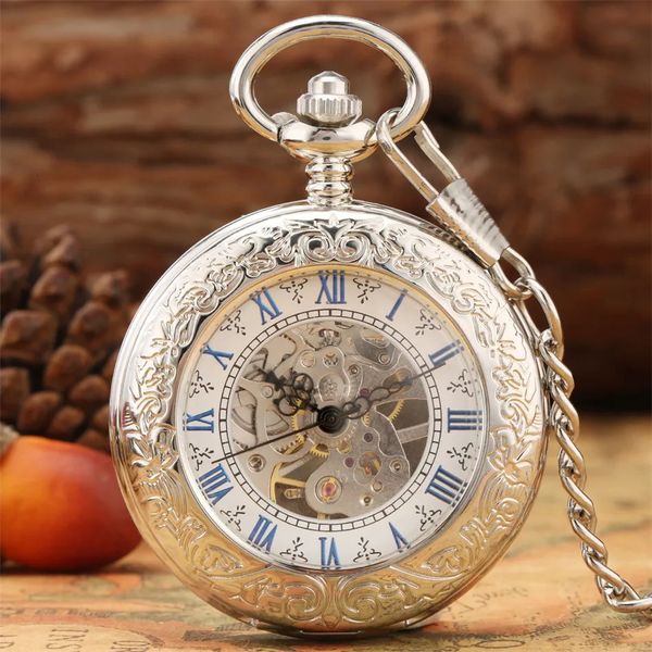 Mechanische Taschenuhr mit Handaufzug, blaue Anzeige mit römischen Ziffern, transparente Abdeckung, Taschenuhr mit Taschenanhänger in Antiksilber, 240220