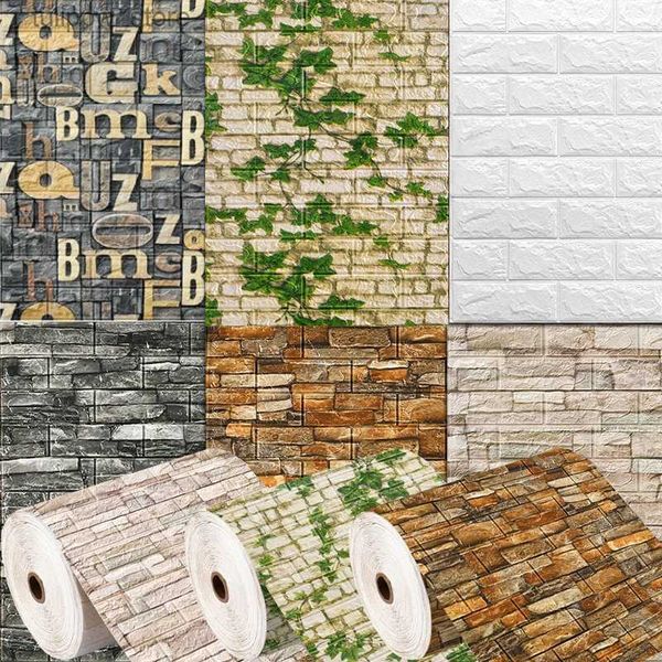 Estatuetas de objetos decorativos 70X1000CM Decoração de casa 3D PVC Adesivos de parede Papel Tijolo Pedra Papel de parede DIY Efeito rústico Adesivo autoadesivo de decoração de casa