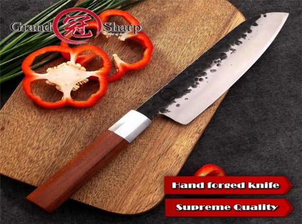Grandsharp santoku faca 7 Polegada facas de cozinha artesanais facas de cozinha japonesas aço alto carbono chef039s corte cozinhar tool4973176