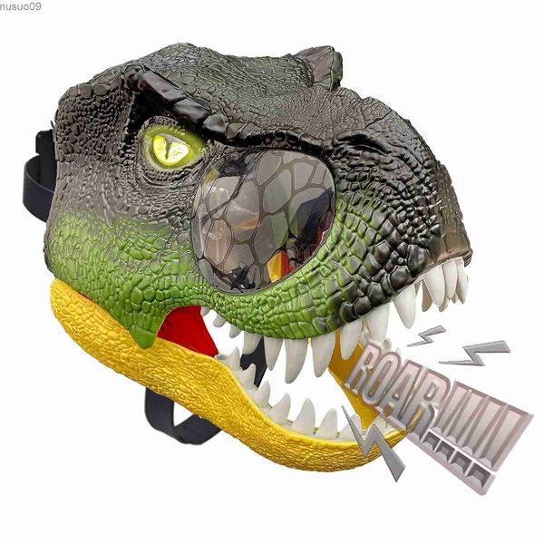 Maschere di design P-jsmen Occhi illuminati a led Maschera T-Rex Suoni Maschera di dinosauro Denti realistici Mascella mobile Bocca aperta Festa di Halloween Puntelli Cosplay