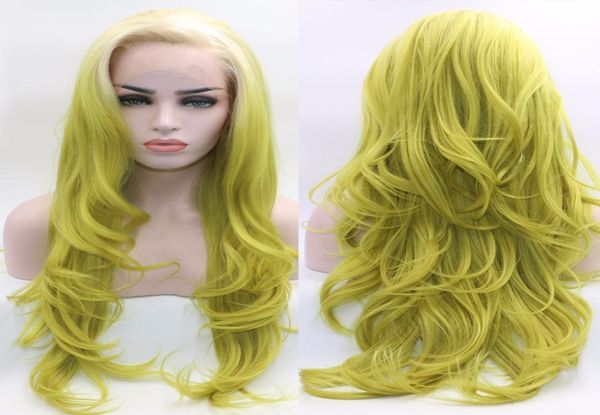 Fantasia beleza longo ondulado ombre peruca dianteira do laço raízes brancas ombre amarelo verde sintético resistente ao calor perucas completas8342848