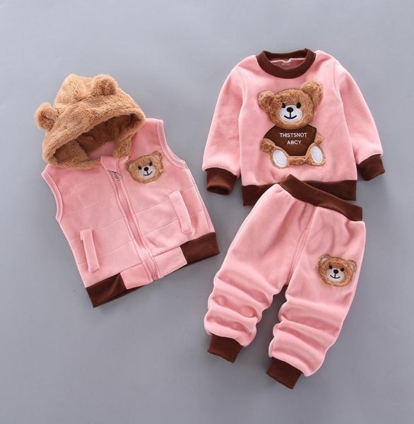 Vestiti del neonato Autunno e inverno Puro cotone spesso caldo maglione con cappuccio casual Cartoon simpatico orso tre pezzi vestito da bambina Good1527477