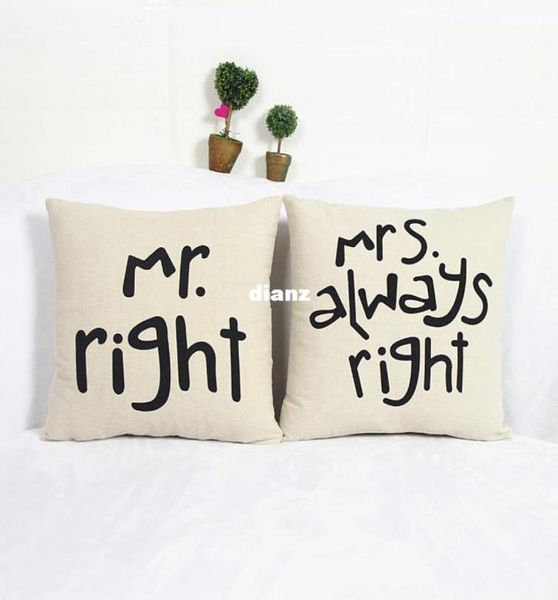 Beliebte lustige Mr Right Mrs Al Ways Right Druckmischung aus Baumwoll-Leinen-Kissenbezug, Bett, Sofa, Kissenbezug, Wohnaccessoires6160973