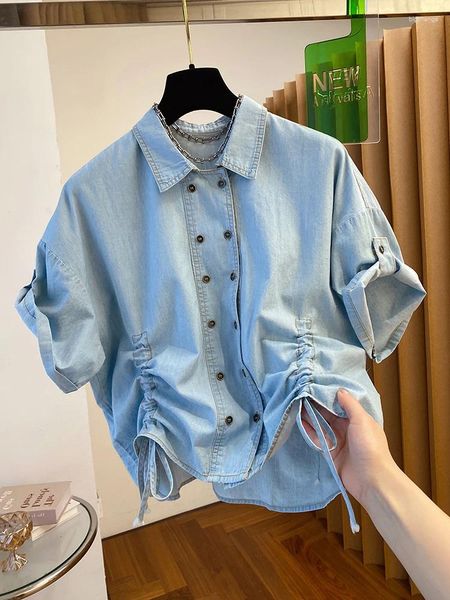 Blusas femininas vanovich 2024 verão design cordão moda denim camisa trespassado manga curta cor sólida casual