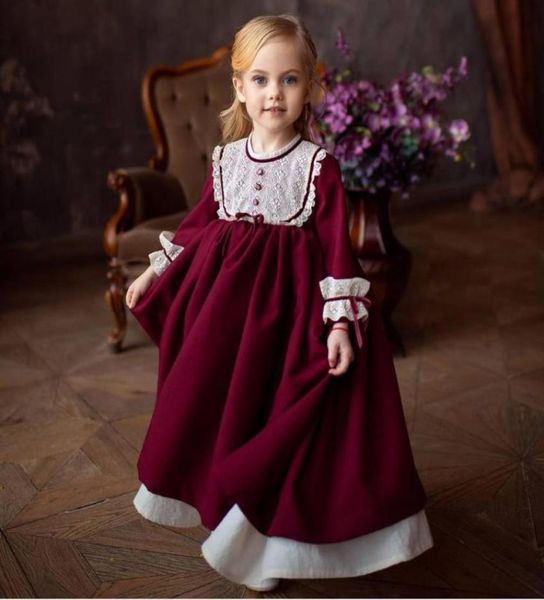 Girl039s Vestidos 012Y Bebê Menina Outono Inverno Renda Vinho Vermelho Borgonha Vestido Longo Para Aniversário de Natal9065078