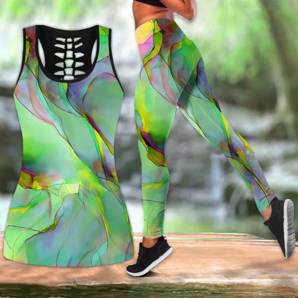 Leggings Damenmode 3D-Aquarellmalerei Regenbogen-Yoga-Leggings + Combo Hollow Out Tank Top Sommer ärmelloses Grafikshirt