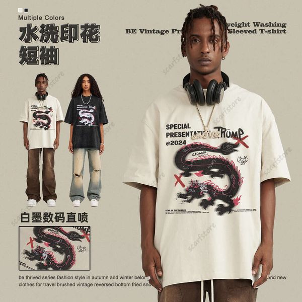 BE Herrenbekleidung |2024 Frühling/Sommer China Dragon Gedruckt Waschen Rundhals Kurzarm T-shirt Street Fashion Marke Paar Top