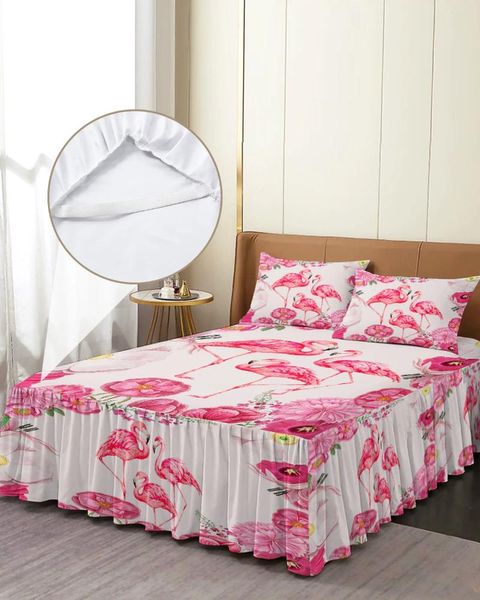 Bettrock, Flamingo-Blumen-Aquarell, elastische Tagesdecke mit Kissenbezügen, Matratzenbezug, Bettwäsche-Set