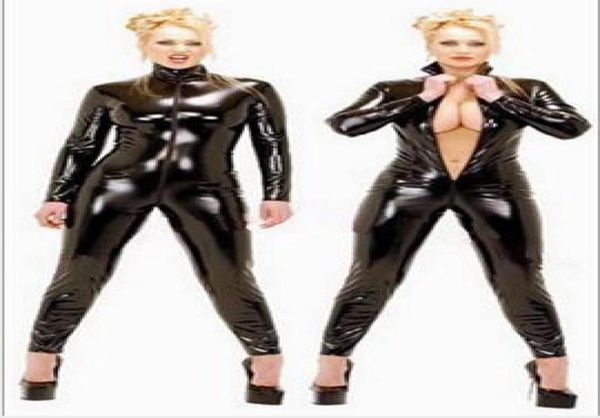 Sexy preto catwomen macacão pvc elastano látex catsuit trajes para mulheres ternos do corpo vestido de couro fetiche plus size xs5xl9328217