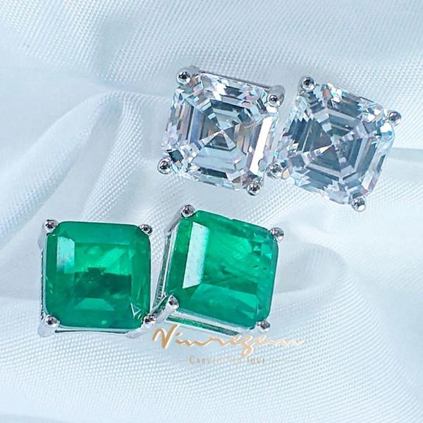 Brincos vinregem asscher corte laboratório criado safira esmeralda pedra preciosa orelha studs para mulheres 925 prata esterlina jóias finas