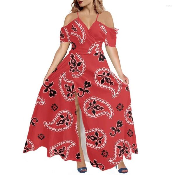 Vestidos de festa vermelho off-the-ombro frente e costas profunda v manga curta saia longa tribo polinésia bandana impressão mulheres vestido de verão