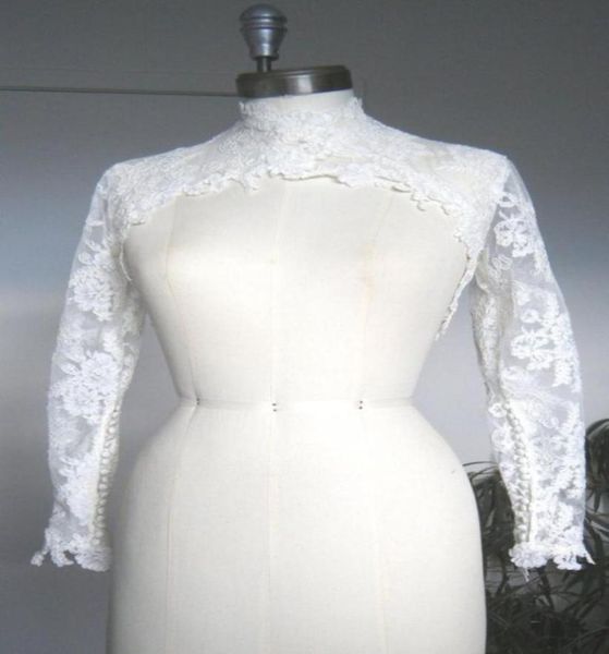 Economici Avorio Bianco Involucri da sposa Applique in pizzo Collo alto Scialli a maniche lunghe Giacche da sposa Bolero per abiti da sposa Real Pos354747005803