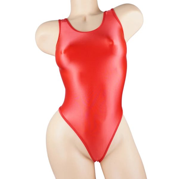 Anzüge Satin glänzend sexy schicklos auftreten durch ein Stück Badeanzug Hochschnur offener Schritt Bodysuit Strampler Frauen Plus Size Badeanzüge