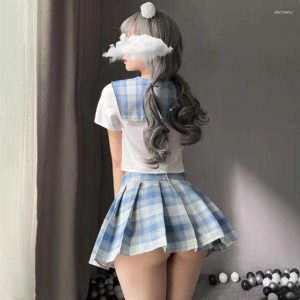 Bras conjuntos sexy cosplay lingerie estudante uniforme japonês doce xadrez plissado saia escola menina traje exótico minissaia pornô