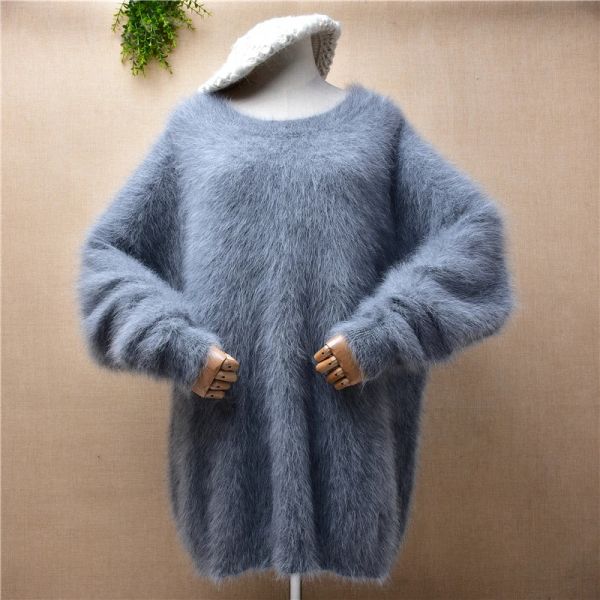 Pullovers mulheres mulheres caia roupas de inverno peludo visite cinza caxemira malha oneck mangas longas batwing sweater de pullora solto angora