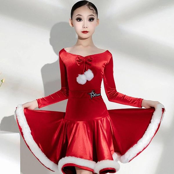 Palco desgaste vestido de dança latina para meninas vermelho bodysuit split saias terno de natal chacha rumba tango desempenho dn16859