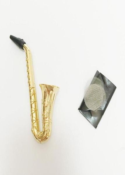 Tubo de fumar de metal Cachimbos de qualidade Instrumento Musical Saxofone Estilo Mini Hookah com tela para vaporizador de ervas secas Novo Pop4223075