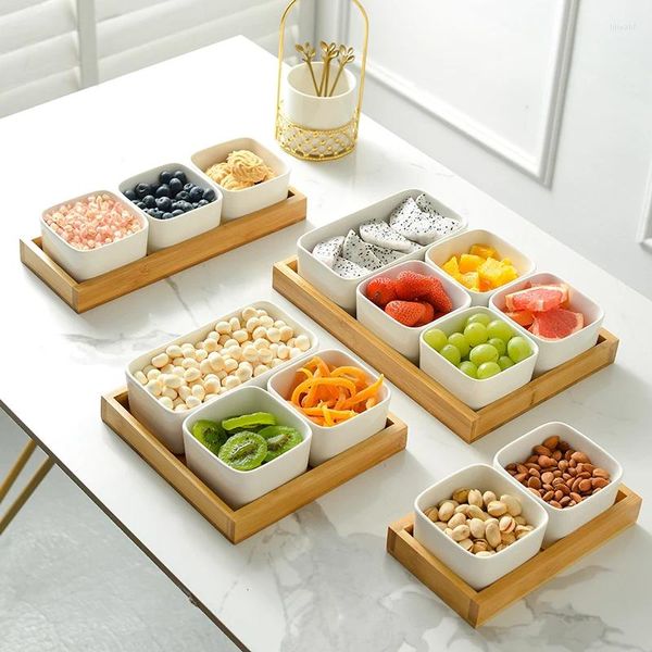 Pratos estilo japonês cerâmica sobremesa tigela placa de frutas bandeja de madeira de bambu natural utensílios de mesa domésticos caixa de doces dividido lanche prato