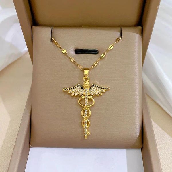 Anhänger Halsketten Stailess Stahl Cz Winkel Flügel Halskette Schlange Ouroboros Magic Wand Caduceus Asclepius Rettungsmediziner Schmuck