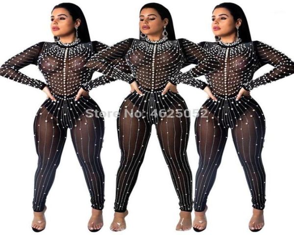 Tuta a rete trasparente con diamanti e perle Donna Manica lunga sexy Night Club Pagliaccetto per feste Tubino femminile Abiti Plus Size XL1 Donna031041173