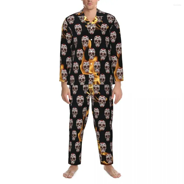 Indumenti da notte da uomo Stampa teschio di zucchero Primavera Halloween Messicano Casual Allentato Oversize Pigiama Set Uomo Maniche lunghe Moda Notte Indumenti da notte