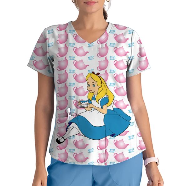 Kleider bedruckte Krankenschwester Uniform Damen Alice im Wunderland Kurzarm gegen Nackenpeeling Top Veterinär Krankenpflege Uniform Therapeutin Uniform