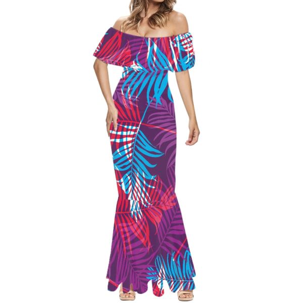 Kleid Polynesian Tribal Samoan Totem Tattoo Samoa Tropical Palm Leaf Prints Off Shoulder Sexy Sommer Langes Kleid Lässig und vielseitig