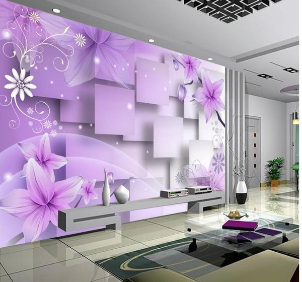 Po настроить размер 3D фиолетовые теплые цветы ТВ настенная роспись 3d обои 3d обои для ТВ фон1288260