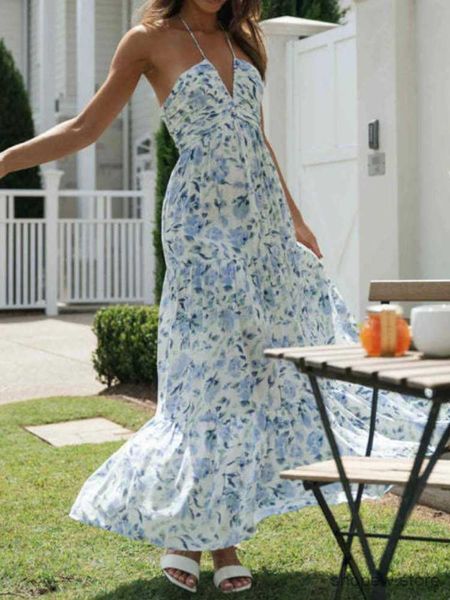 Abiti casual di base Abito estivo da donna in chiffon con scollo a V senza maniche floreale Flowy A Line Maxi abito Boho Backless a strati Swing Abiti lunghi da spiaggia