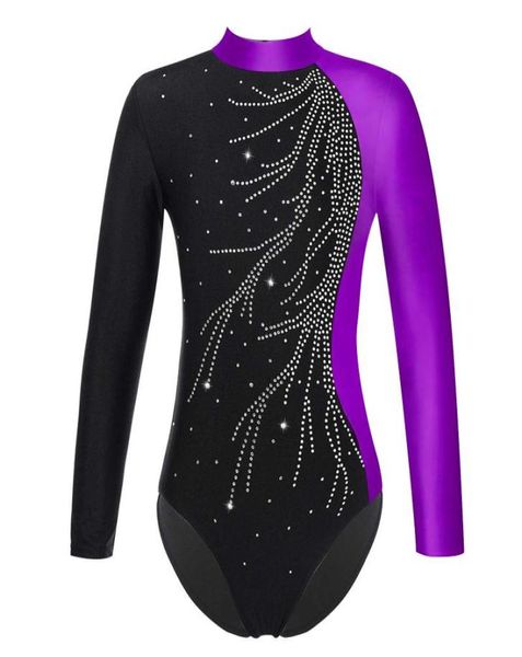 Stage Wear Bambini Ragazze Ginnastica Body Balletto Danza Body Figura Pattinaggio su ghiaccio Tuta Manica lunga Lucido Finto Diamante Decorato D3045222