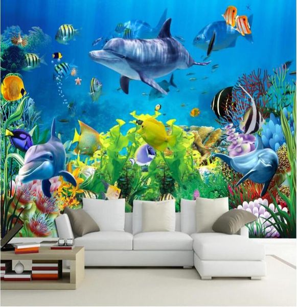 Papel de parede 3d personalizado po não tecido mural adesivo de parede coral mar mundo peixe pintura imagem 3d murais de parede papel de parede 6129692