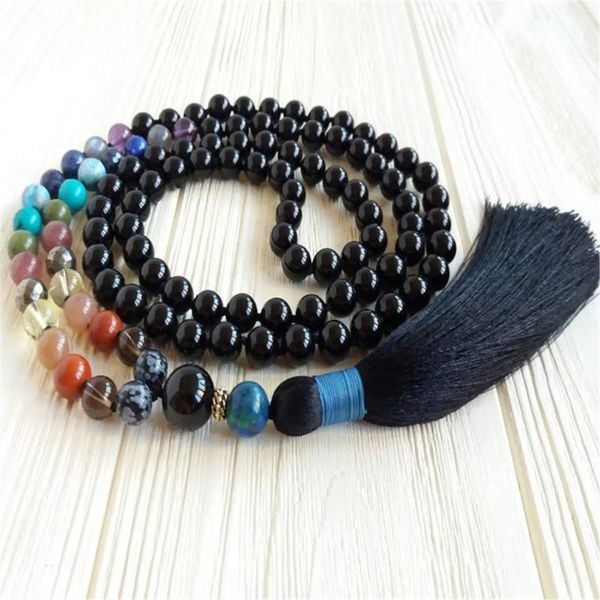 Ciondoli 8mm Tormalina nera 7 Chakra Pietra preziosa 108 Perle Collana Mala Retro Buddismo Yoga Polsino Preghiera religiosa Classico