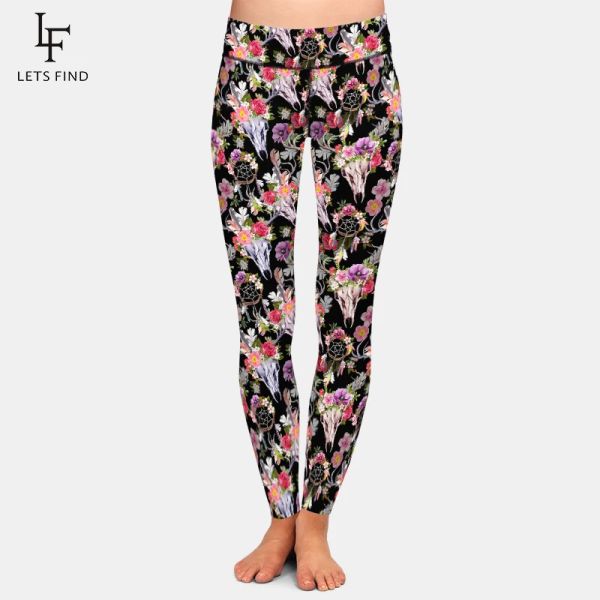 Leggings LETSFIND Modische Winter-Damen-Fitness-Leggings mit hoher Taille, 3D-Hirschschädel mit Blumen und Traumfängern, bedruckte Leggings