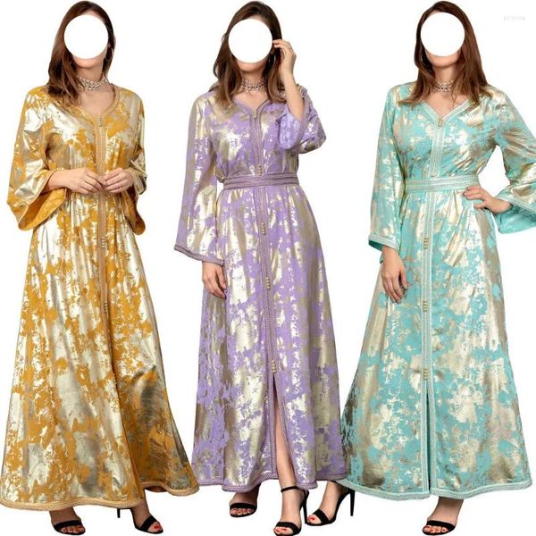 Roupas étnicas Mus Estilo Mulheres Banhado A Ouro Robe Com Cinto Vestido Noite Grande Saia Swing Médio Oriente Primavera / Au