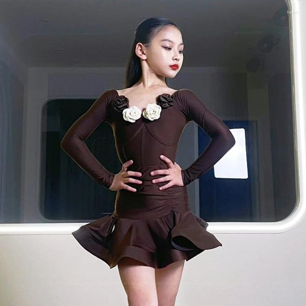 Bühnenkleidung Langarm Latin Performance Kleid Mädchen Braun Wettbewerb Kostüm Tango ChaCha Modern Dance Outfit Bodysuit Rock VDB7347