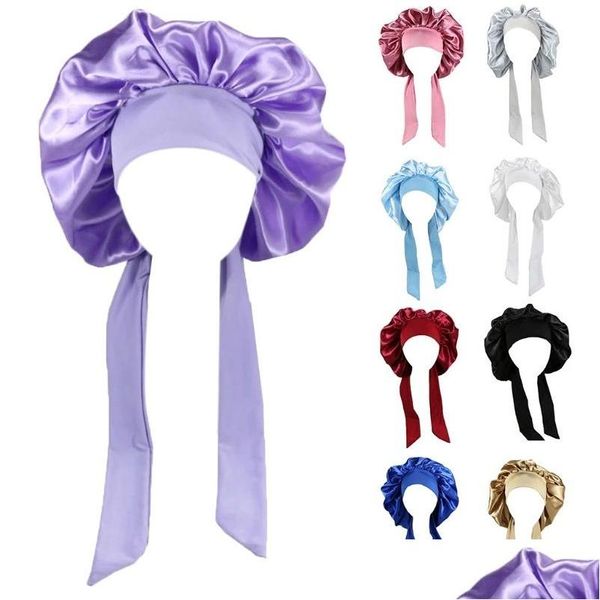 Chuveiro Caps Mulheres Cetim Sólido Slee Hat Night Sleep Cap Head Tie Band Hair Care Bonnet Nightcap Uni Caps Turban Curly Braid Hy0427 Drop Dhrgp