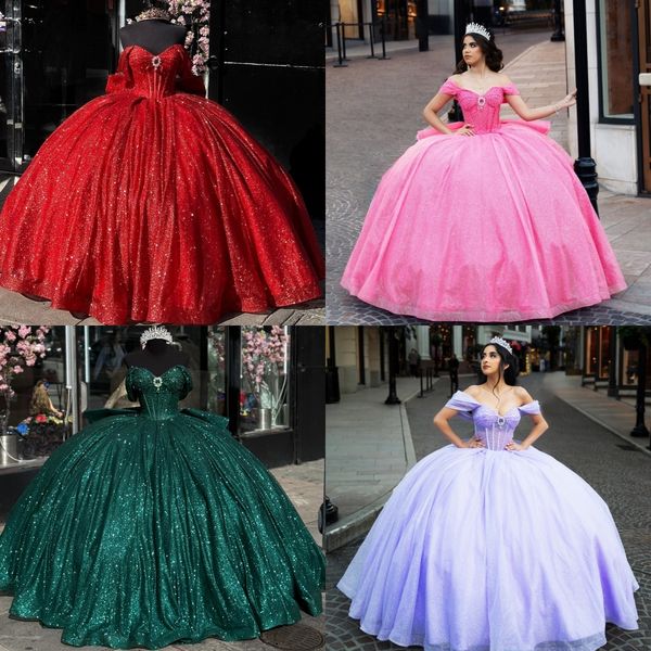 Pırıltılı parıltılı tülle quinceanera elbise şeffaf korse top meksika ayva tatlı 15/16 doğum günü parti elbisesi 15. kız draması kış resmi balo gala leylak pembe kırmızı