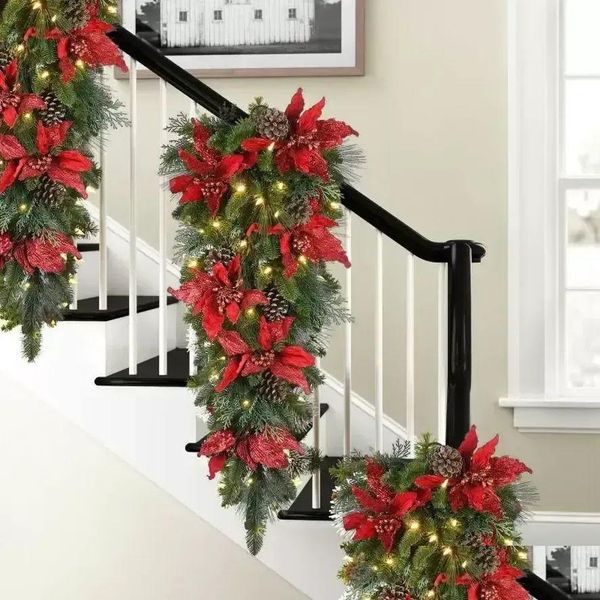 Grinaldas de flores decorativas Grinaldas de flores decorativas Grinaldas de Natal Led Guirlandas Decoração Sem fio Prelit Stairs Acende Navi Dholf