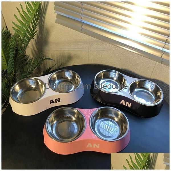 Designer de tigelas de aço inoxidável para cães e gatos com suporte para comida e água antiderrapante prato pequeno elevado alimentador de animais de estimação máquina de lavar louça Dhaim