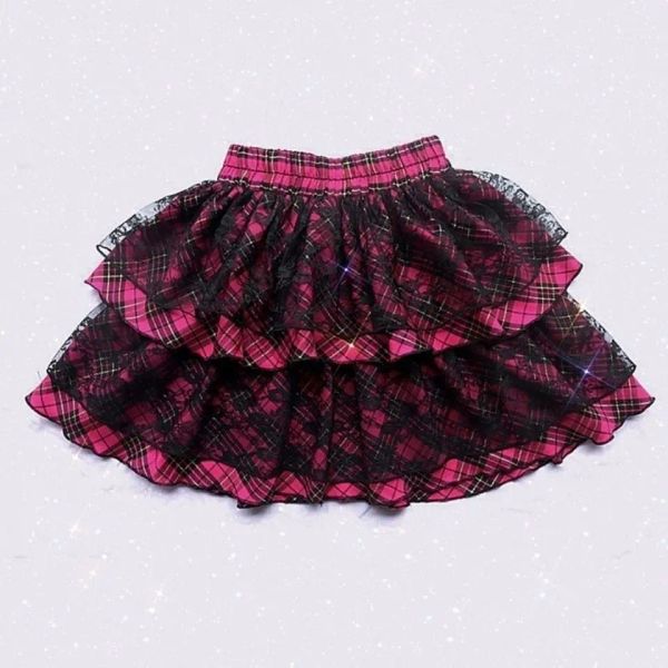 rock Harajuku Gestreifter Druck Y2K Kuchen Minirock Gothic Japanischer Stil Spitze Punk Ballkleid Kawaii Röcke Schule Casual Party Skater