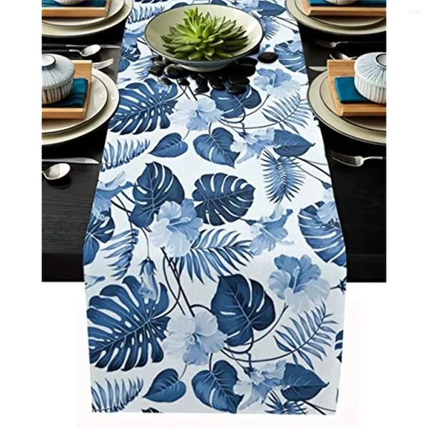 Toalha de mesa tinta azul folhas de palmeira floral linho corredores decoração de festa de férias plantas tropicais decoração de casamento