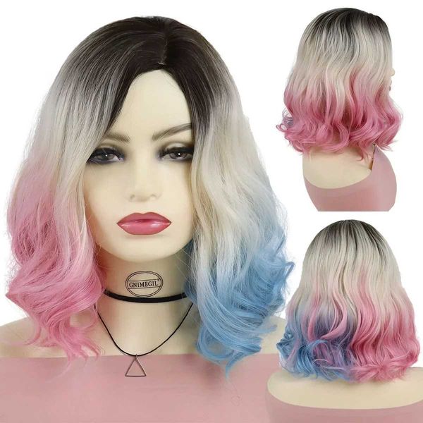 Perucas de cabelo sintético raiz escura ombre loira meio rosa azul curto encaracolado onda peruca para mulheres cosplay traje lolita anime 240306
