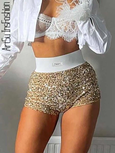 Shorts mit Pailletten, Shorts für Damen, hohe Taille, Bling, Party, Clubwear, Hotpants, Mini-Shorts, schwarze Shorts, Glitzer, sexy Shorts, untere Kleidung