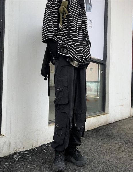 Qweek gótico streetwear preto carga calça hip hop punk oversize calças de perna larga feminino techwear estilo coreano corredores 2203254305191