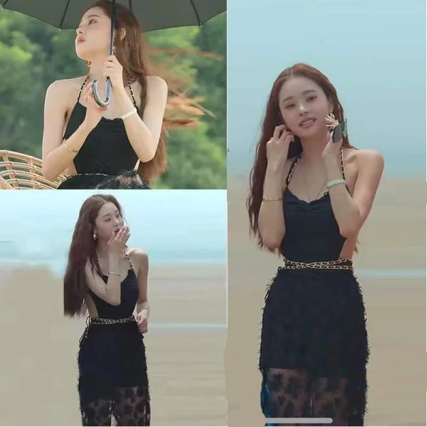 Vestido de banho preto vestido sexy maiô de maiô longa saia twopiece Star de estilo metal de praia feminino Coréia do sul Zhiya Korea Japan