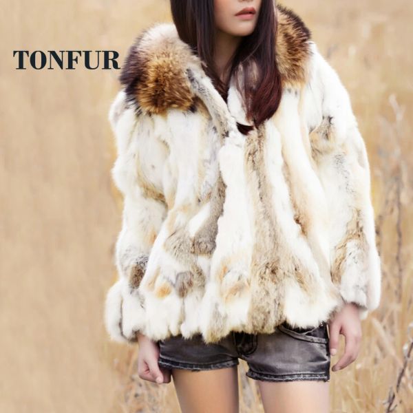 Peles novas mulheres de moda 100% Real Rabbit Fur Casat com luxo genuíno de fúria de gola de peles de raposa fábrica dropshipp sobretudo DFP986