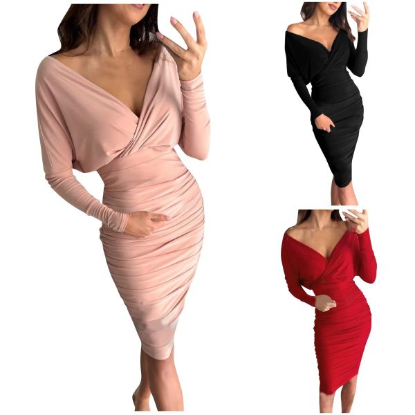 Kleid Elegante Kleider Für Frauen Einfarbig Langarm Vneck Zipper Sexy Kleid Taille Engen Kleid Sexy Abend Party Kleider vestidos