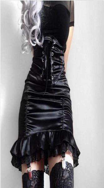 Goth gotik punk seksi ince dar sıska dantel up bağları yüksek bel kısa mini hizmetçi cosplay kostüm pileli etek elbise kulübü wear4574153