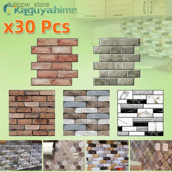 Dekoratif nesneler figürinler = (k) = 30pcs/lot 3D Kendinden yapışkan duvar kağıdı DIY tuğla taş ahşap mermer mozaik su geçirmez duvar çıkartmaları ev dekorasyonu mutfakl240306